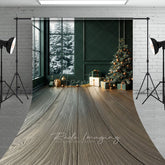 Aperturee - Aperturee Modern Christmas Room Sweep Backdrop Dark Green Wall with Snowy Window Holiday Mini Session Floor Drop